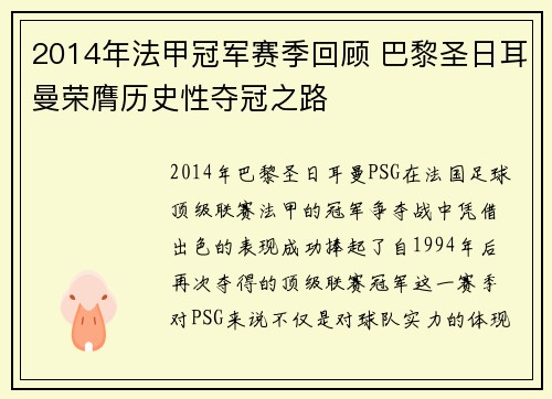 2014年法甲冠军赛季回顾 巴黎圣日耳曼荣膺历史性夺冠之路
